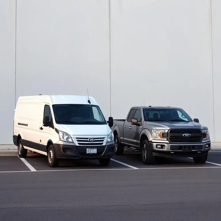 A white cargo van and a gray pickup truck parked side by side
