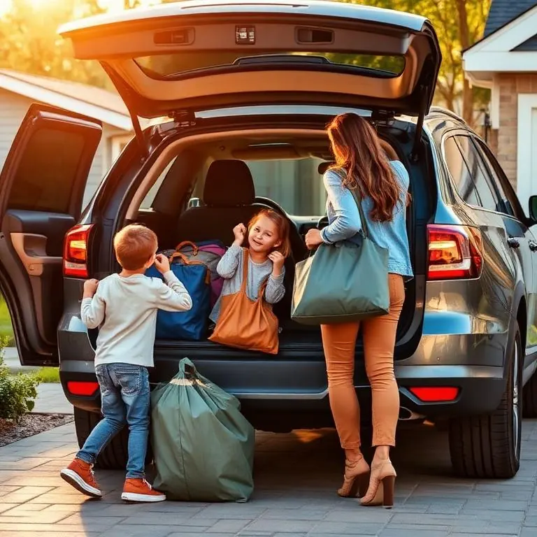 A family loading bags into a gray SUV in a driveway