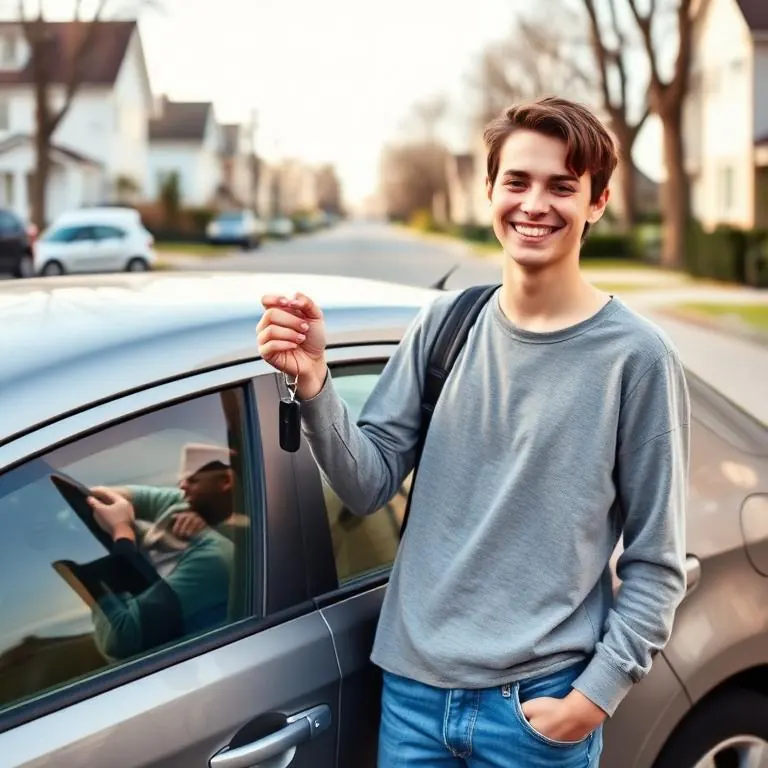 A young adult holding car keys beside a silver compact car