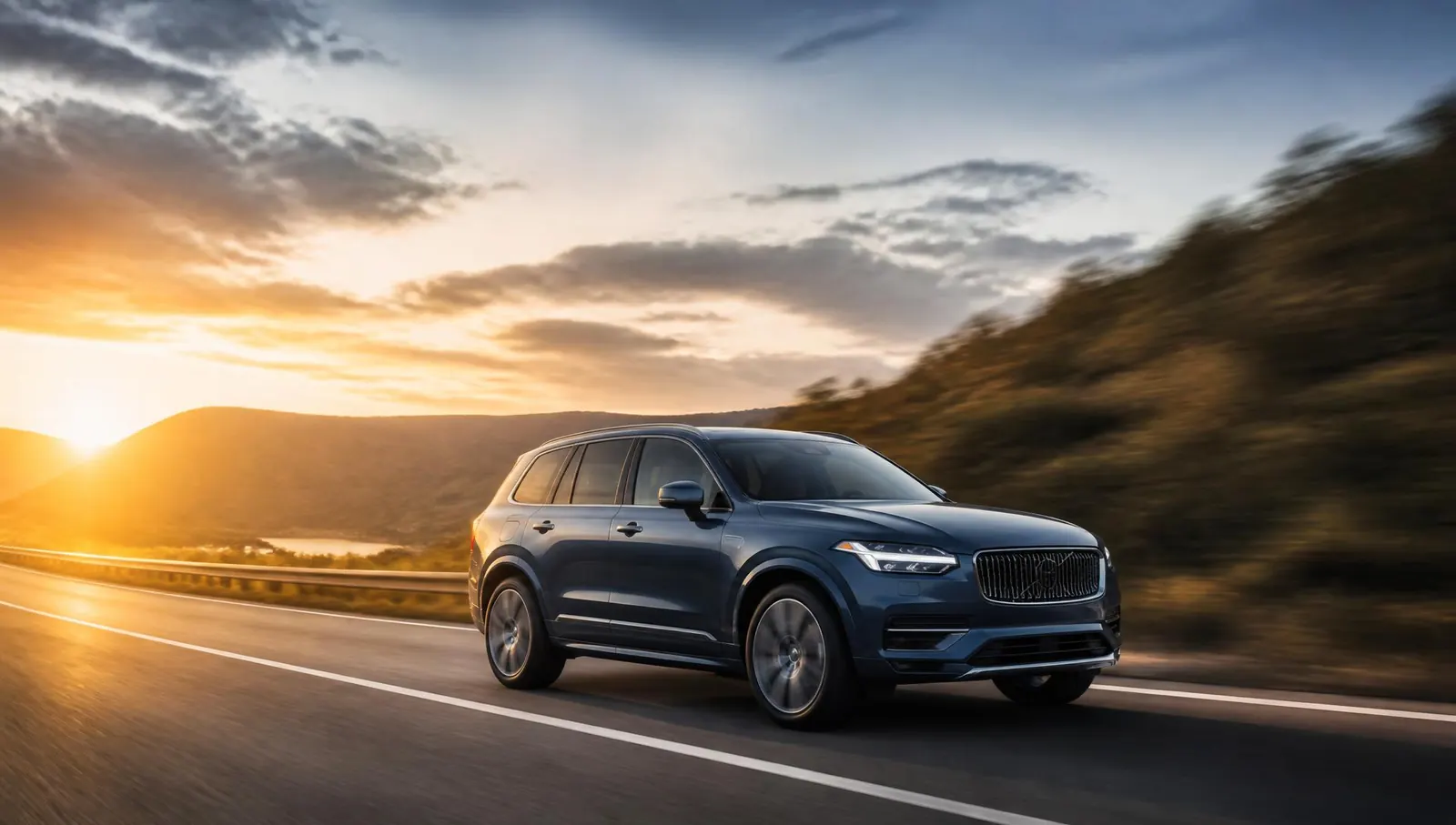 A modern blue SUV driving on an open highway at golden hour