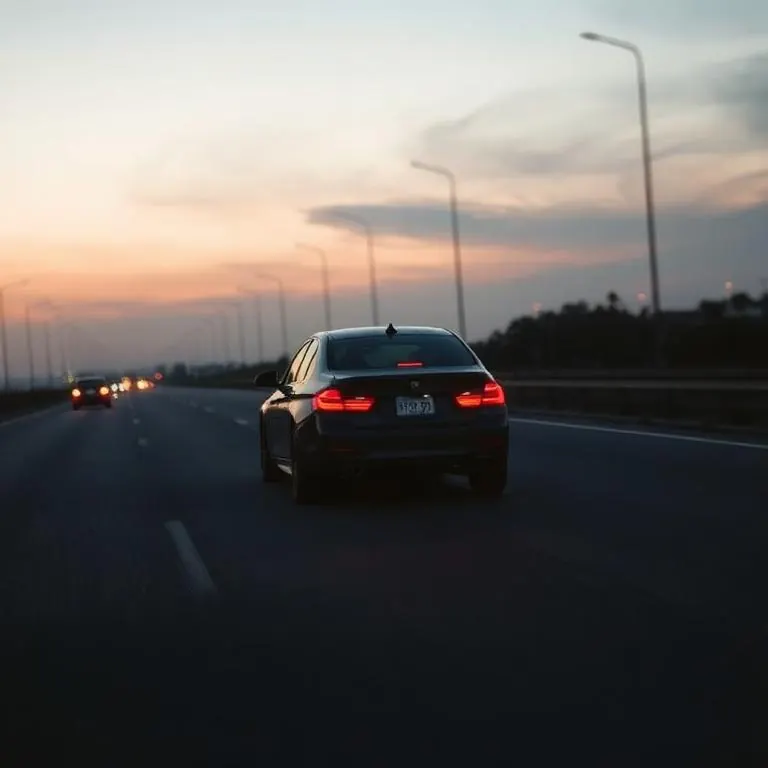 A dark sedan driving on a highway at dusk