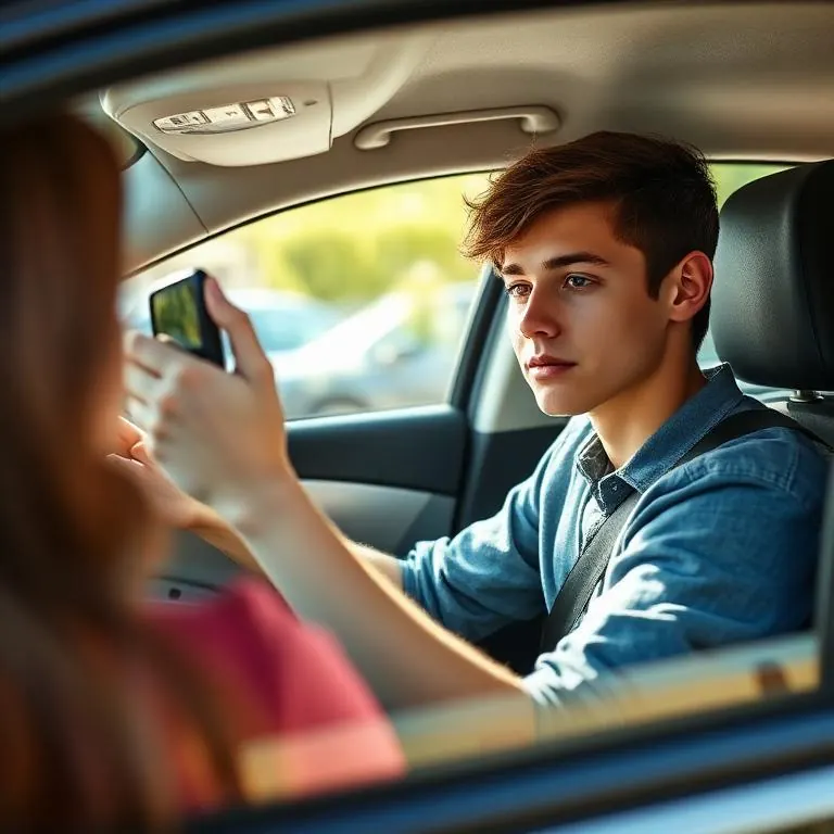 A teenage driver adjusting the mirror in the driver seat