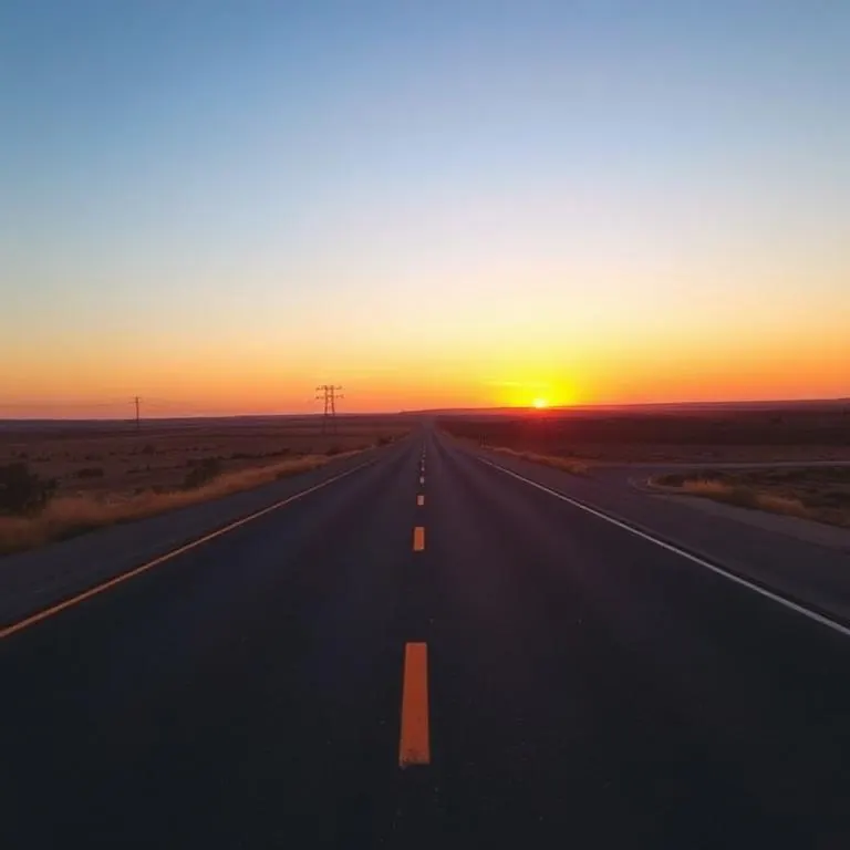 An open Texas highway stretching toward the sunset
