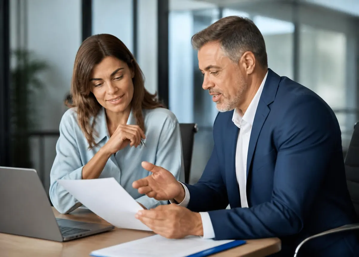 Two professionals reviewing business documents together at an office table