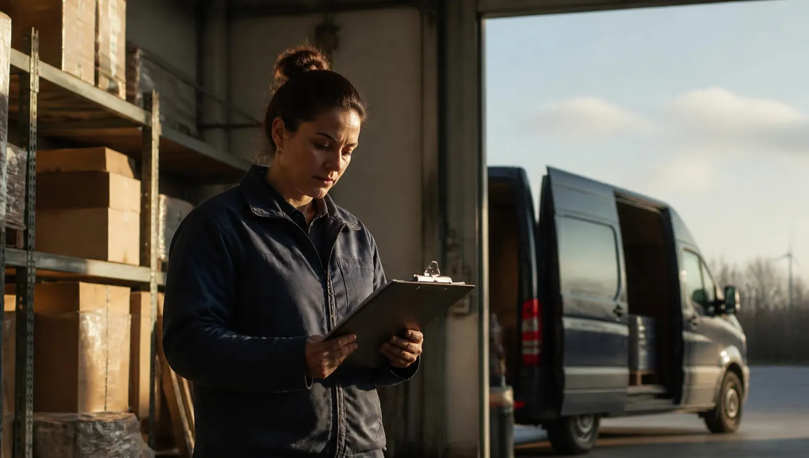 A small business owner reviewing paperwork beside inventory shelves and a work van