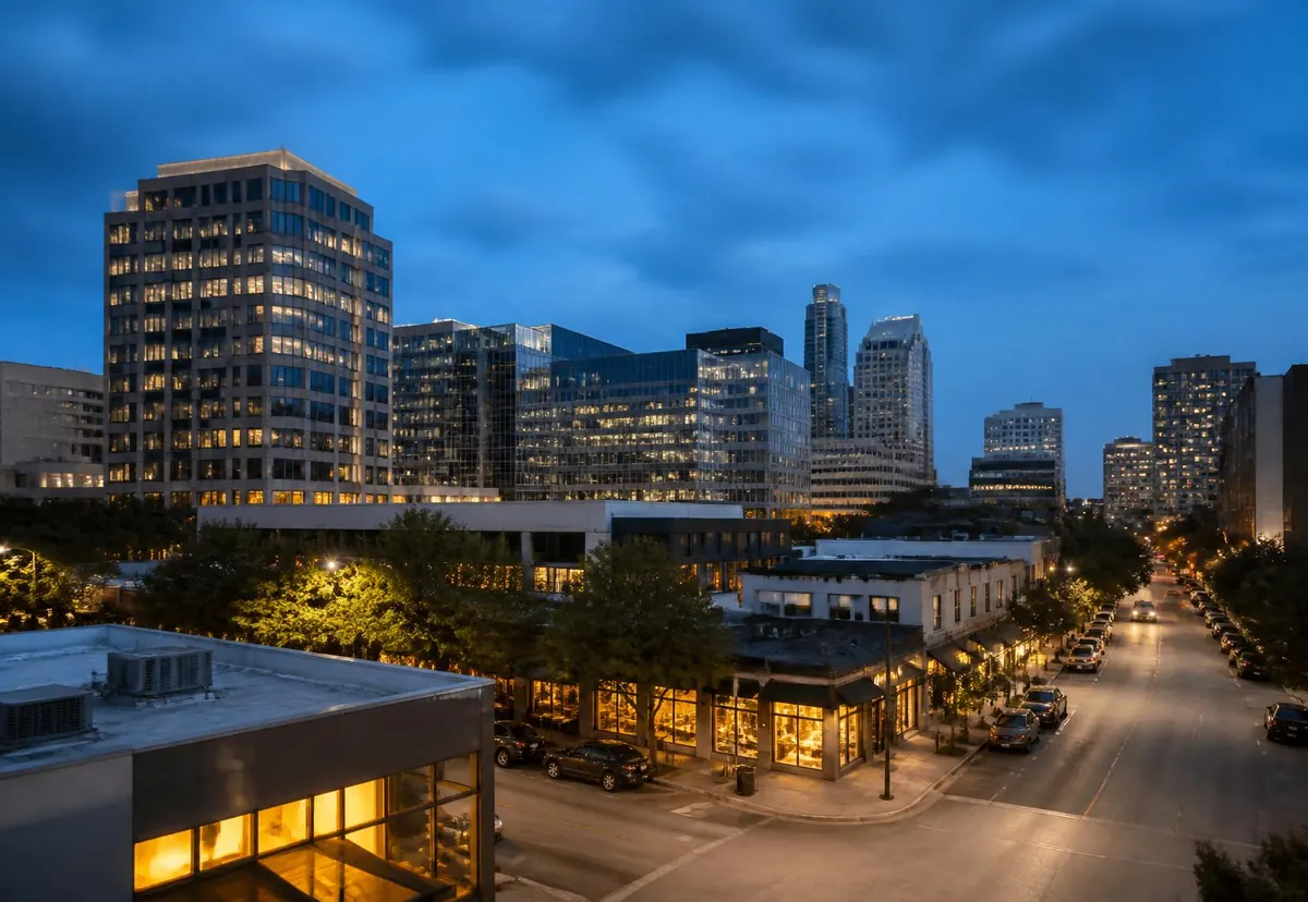 A Houston commercial district at dusk with office buildings and lit storefronts