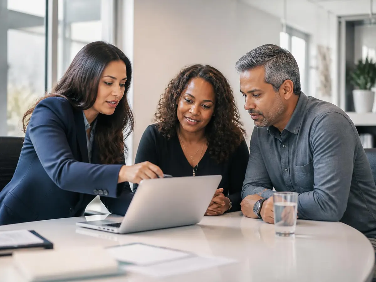 A licensed health insurance advisor reviewing coverage options on a laptop with a couple at a bright office table