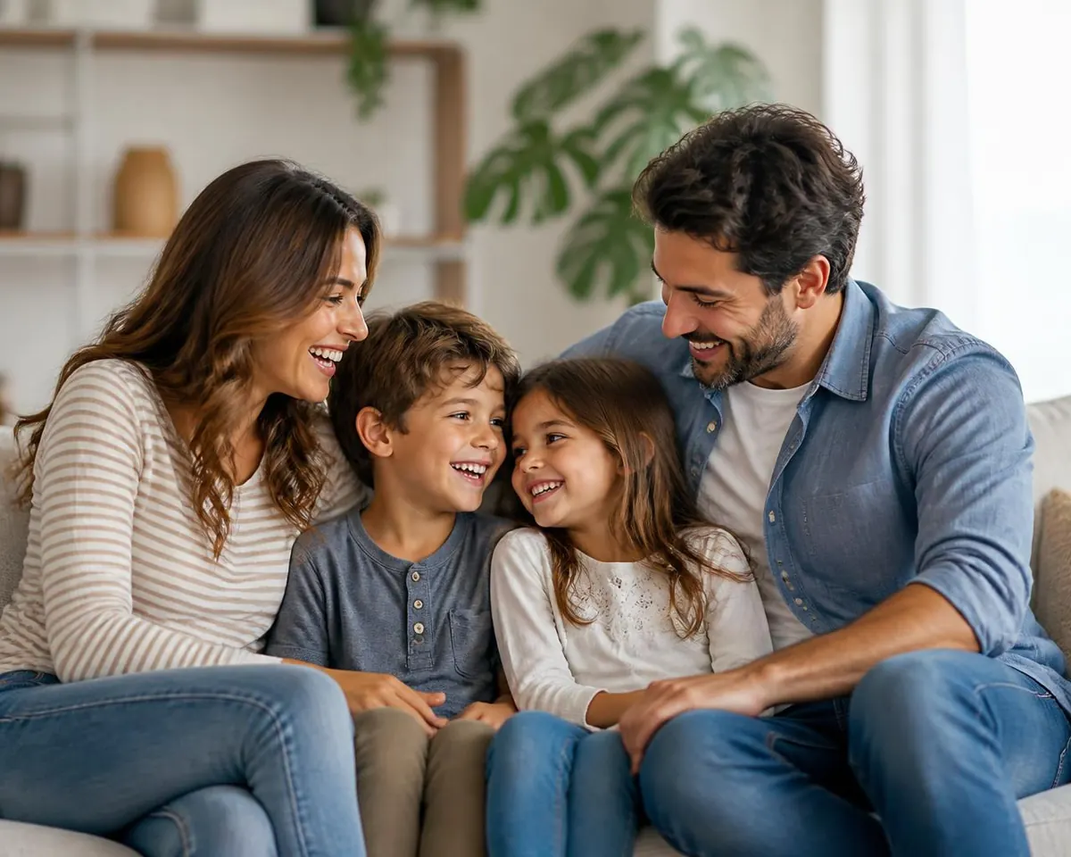 Parents and their two young children laughing together on the sofa in a sunlit living room at home