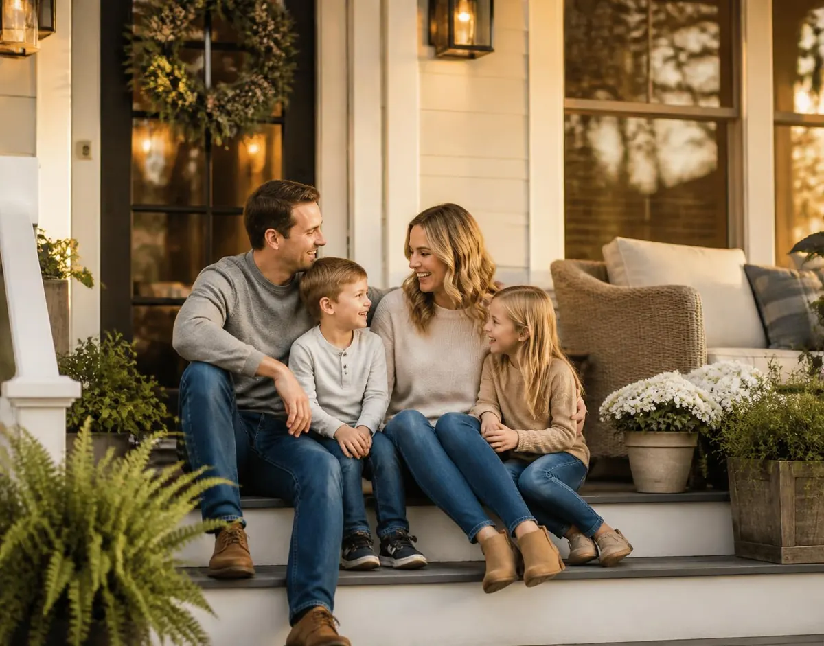 Family sitting together on the front porch of their home