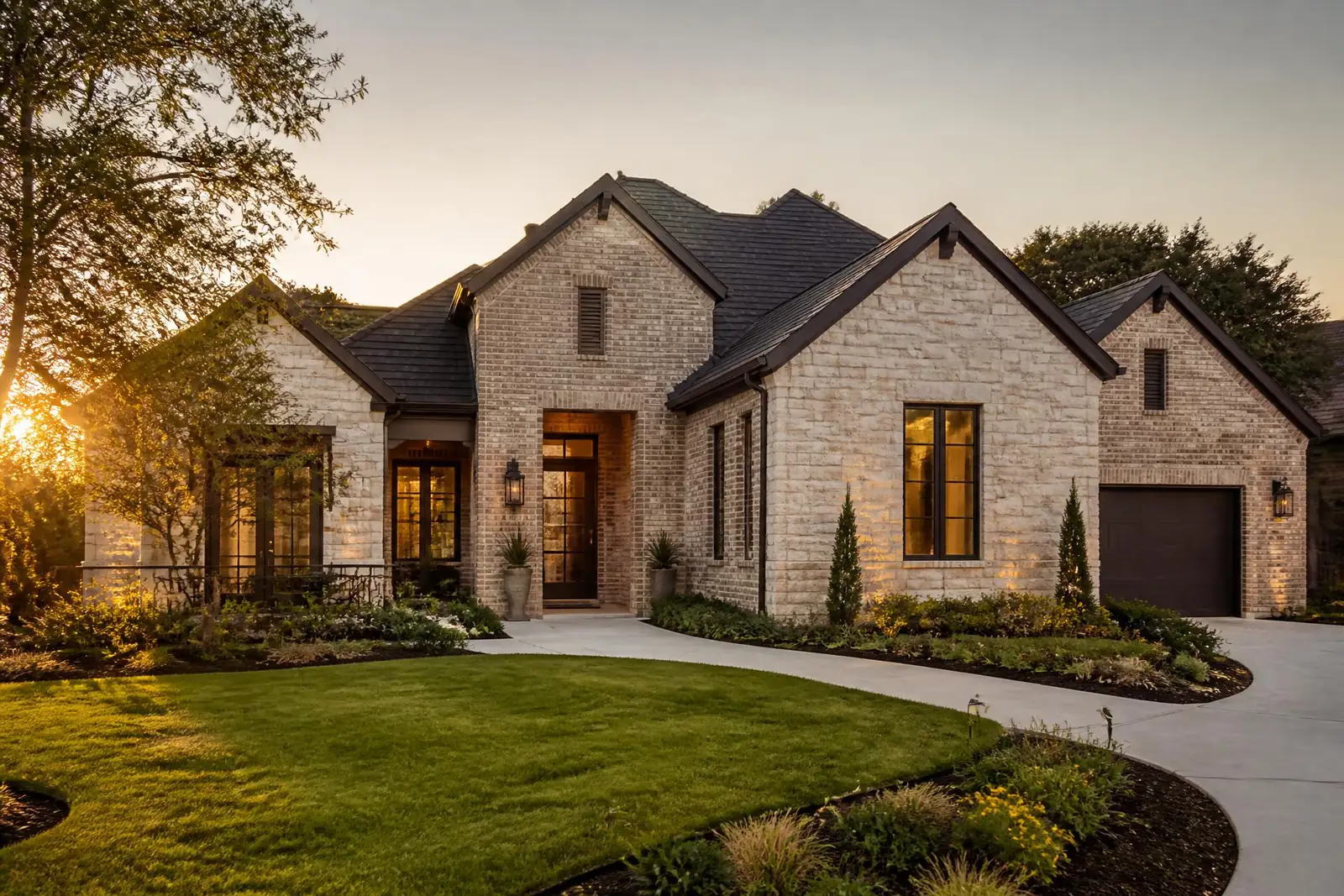 Upscale suburban home at golden hour with manicured landscaping