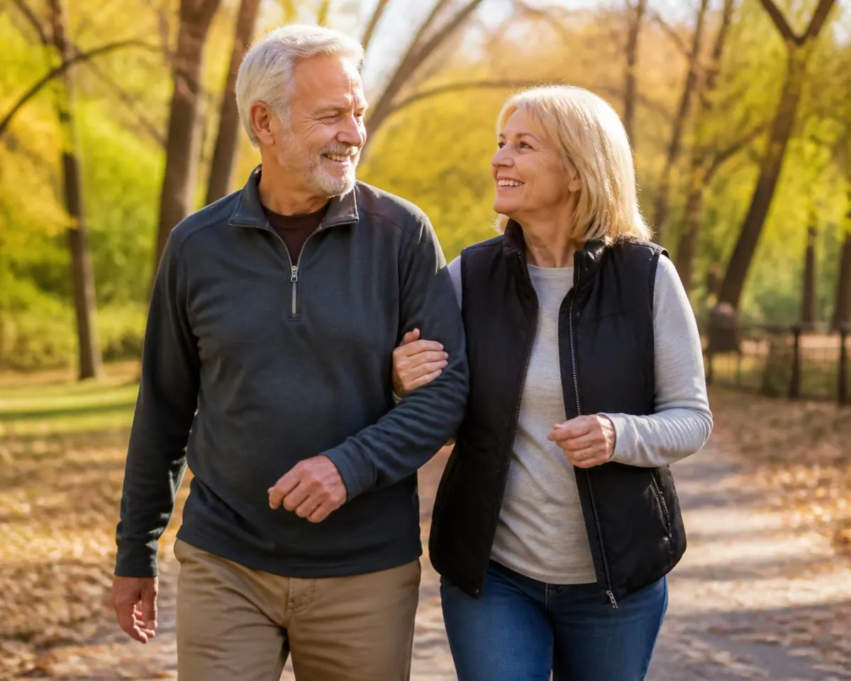 An active couple in their sixties walking together outdoors on a sunlit park path