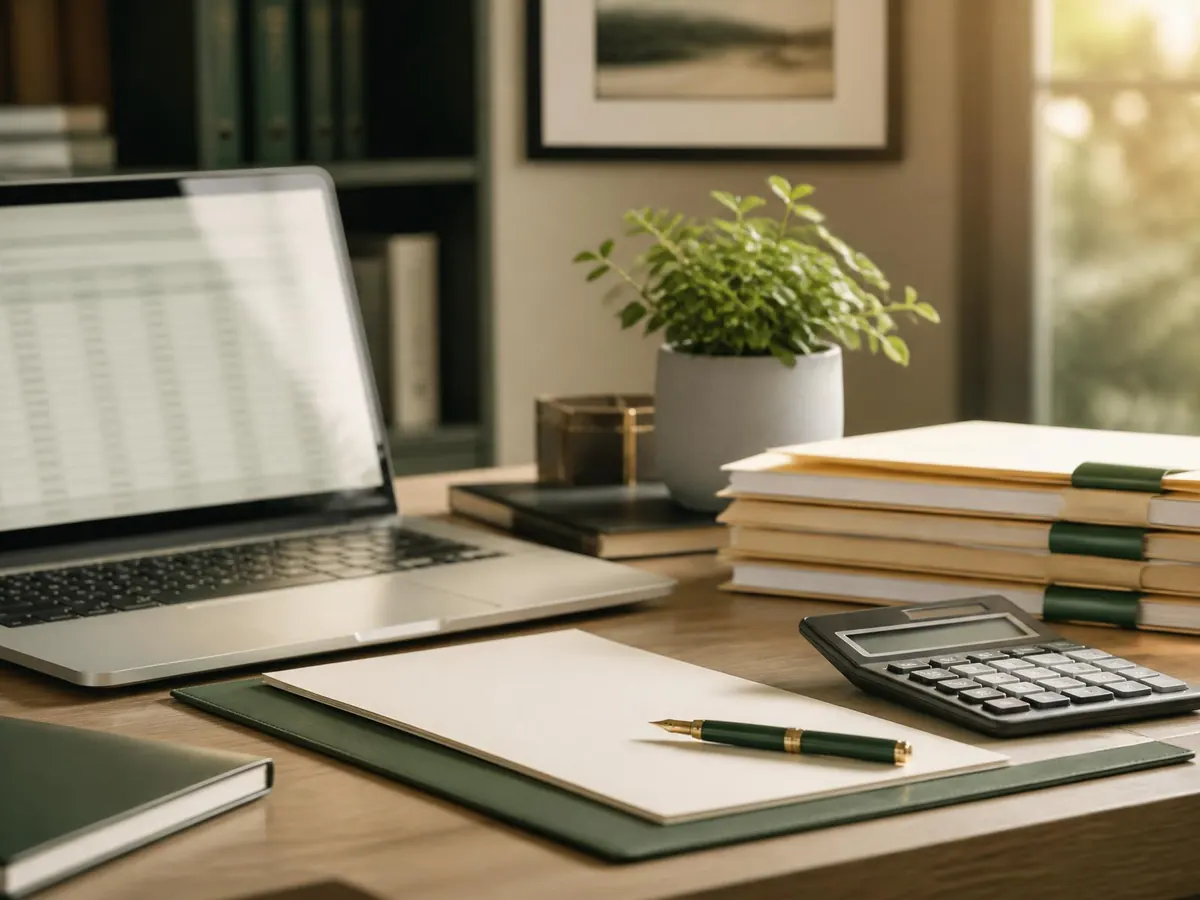 An organized tax preparation workspace with a laptop, calculator, and neatly stacked document folders